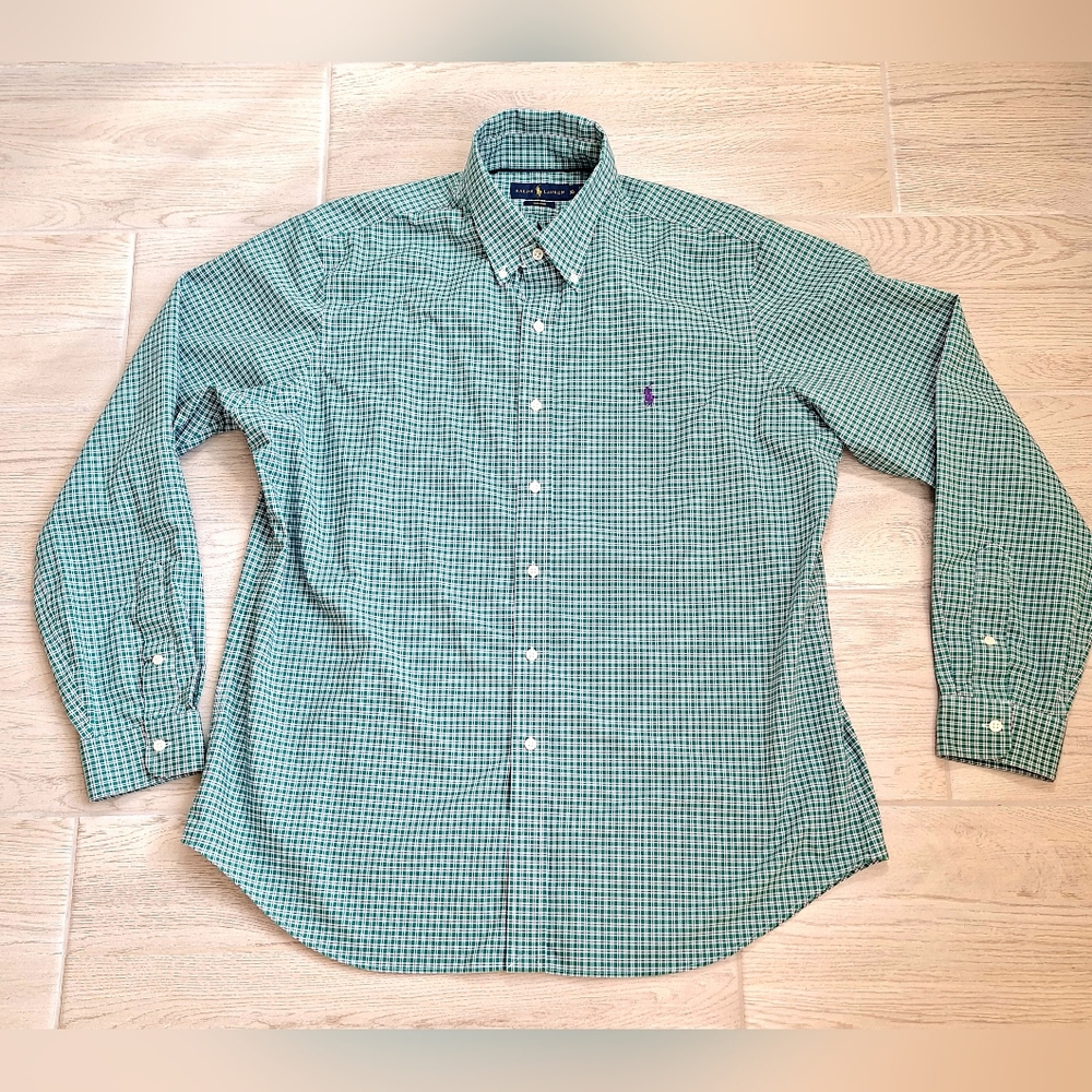 Ralph Lauren Non Iron Green White Plaid Long Sleeved Button Down Cotton Shirt XL